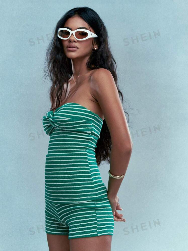 MISSGUIDED Twist Knot Bust Striped Textured Ribbed Bandeau Top | SHEIN