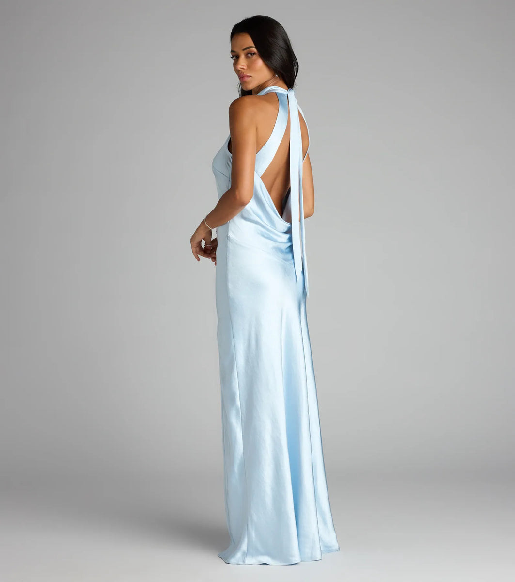 Andie Halter Open Back Slit Satin Formal Dress | Windsor Stores