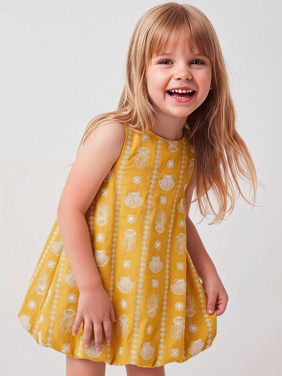 Maija Kids Maija Kids 1pc Kids/Young Girls Elegant Yellow Shell & Jellyfish Embroidered Sleeveles... | SHEIN
