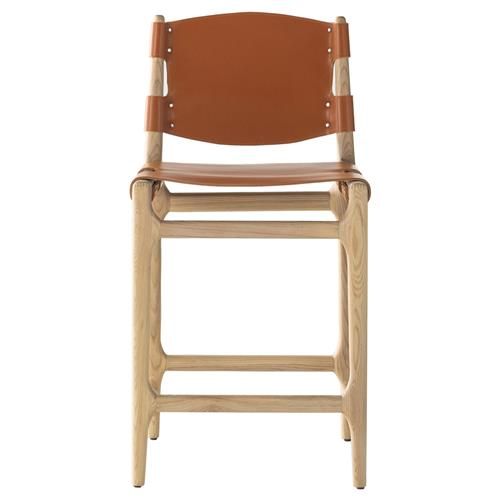 Adalyn Rustic Lodge Brown Leather Sling Seat Wood Frame Counter Stool | Kathy Kuo Home