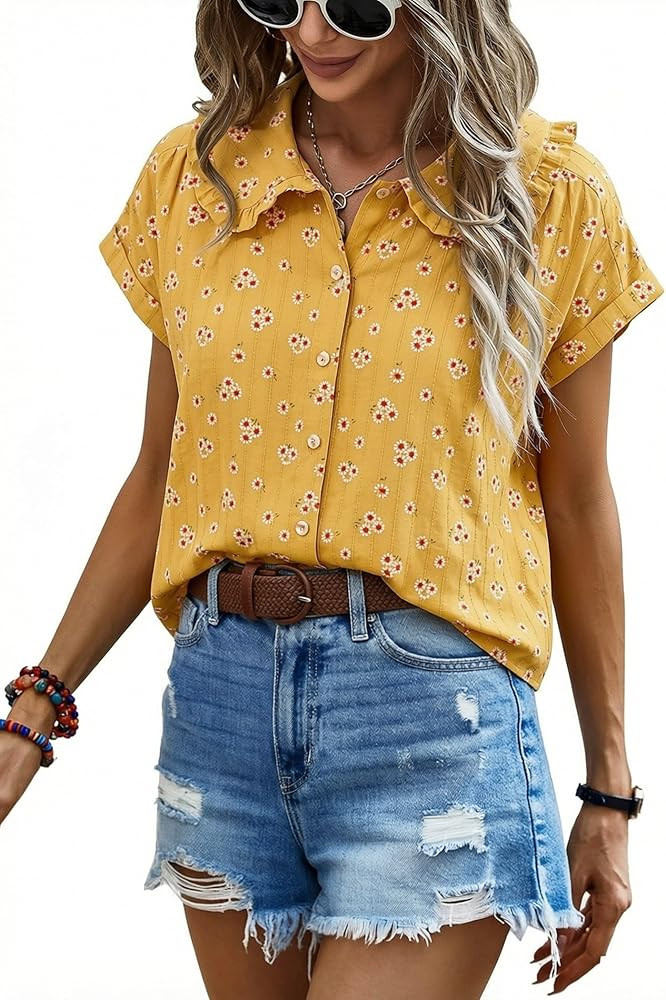 ECOWISH Women's Button Up Shirt - Peter Pan Collar Frilled Short Sleeve Summer Tops Casual Cotton... | Amazon (US)