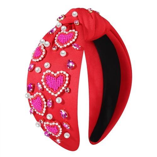 CEALXHENY Valentine’s Day Headbands Accessories for Women Hot Pink Beaded Heart Headband Crystal Knotted Hairband Jeweled Wide Top Knot Hairband Valentine’s Day Gifts (Red Heart B) | Amazon (US)