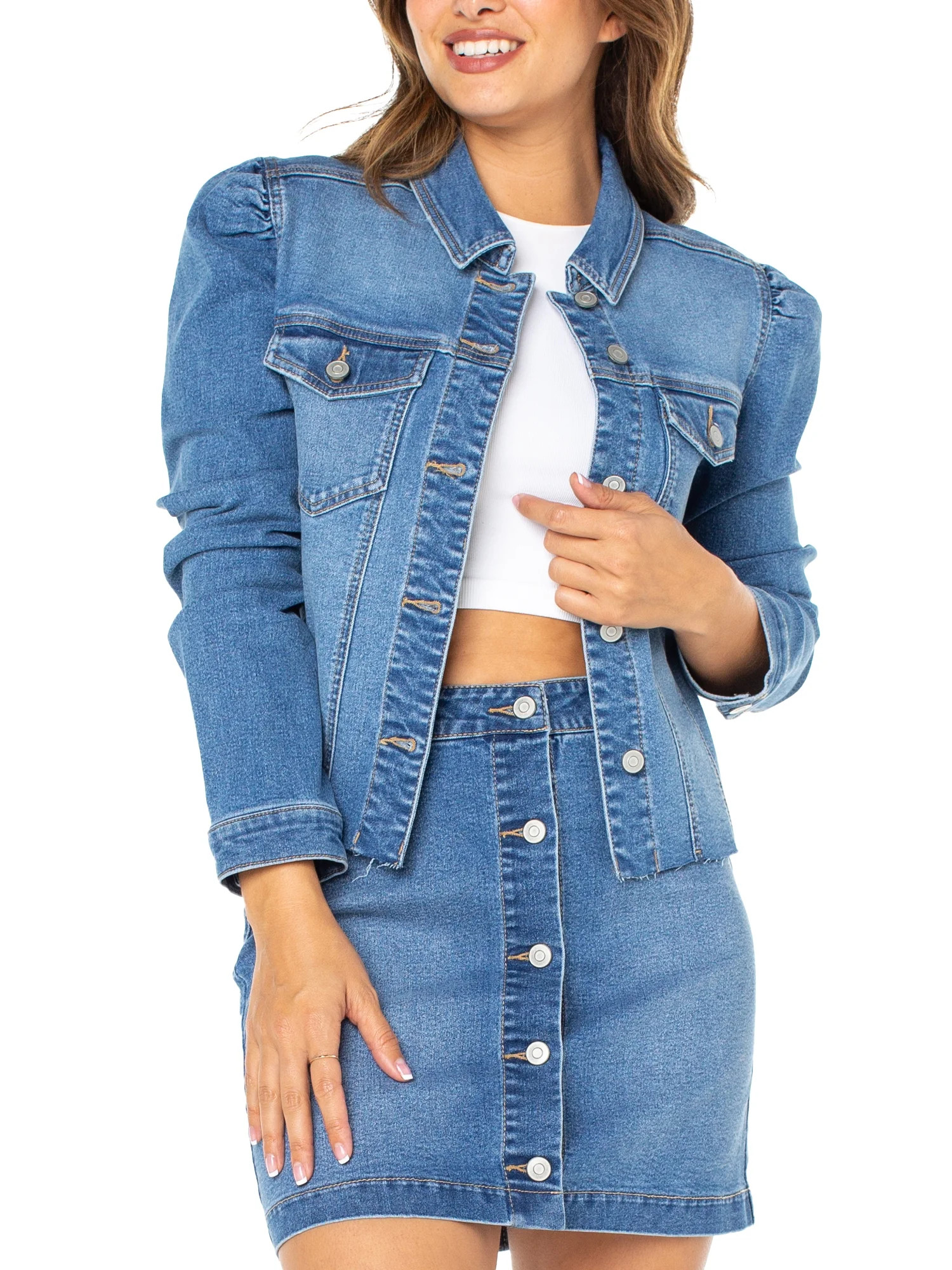 Celebrity Pink Juniors’ Puff Sleeve Denim Jacket, Sizes XS-XXXL - Walmart.com | Walmart (US)