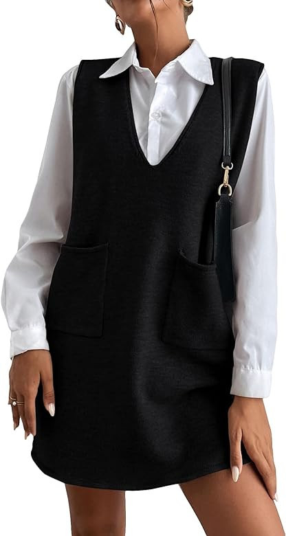 OYOANGLE Women's V Neck Sleeveless Knitted Solid Short Sweater Dress with Pockets | Amazon (US)