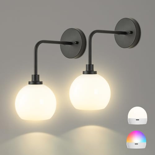 Battery Operated Wall Sconces Set of 2, Black Rechargeable Wireless Wall Lights with Milky White ... | Amazon (US)