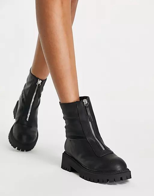 London Rebel wide fit chunky zip front boots in black | ASOS (Global)