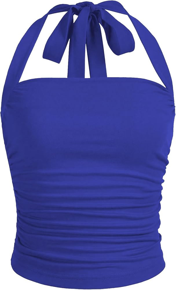 SOLY HUX Women's Y2K Ruched Halter Crop Top Cute Tie Back Sleeveless Slim Fit Cami Crop Tank Tops | Amazon (US)