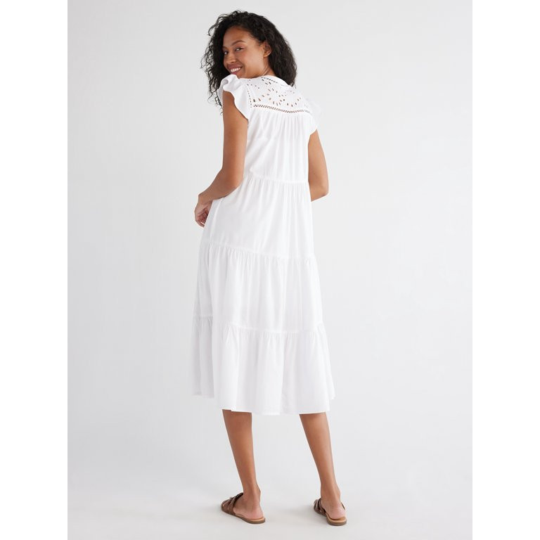 Time and Tru Women's Top Embroidered Yoke Midi Dress, Sizes XS-XXXL | Walmart (US)