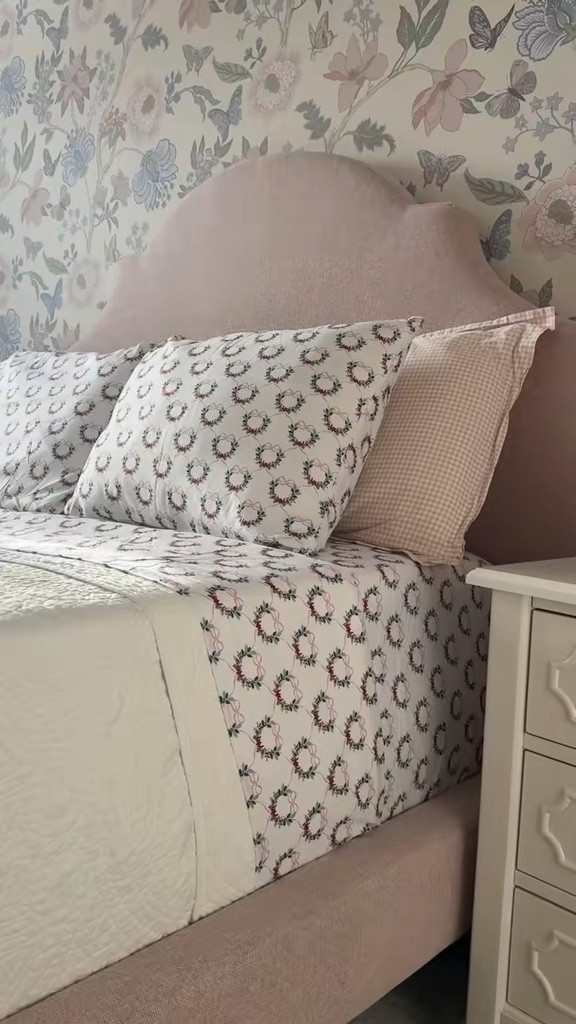 Girls room, toddler room, Christmas decor, play room, kids tree, kids tent, pink room, pink bed, girls bed, wallpaper, floral wallpaper, upholstered bed, 

#LTKBaby #LTKHoliday #LTKKids