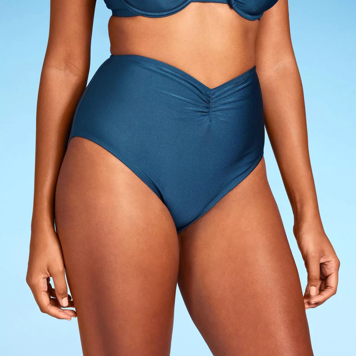 Women's High Waist Shirred Front Bikini Bottom - Shade & Shore™ Teal Blue Shine XS | Target