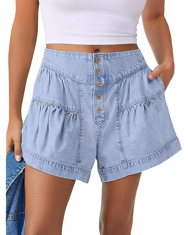 ANRABESS Women's Denim Shorts Summer Baggy High Waisted Flowy Wide Leg Buttons Pleated Casual Jea... | Amazon (US)
