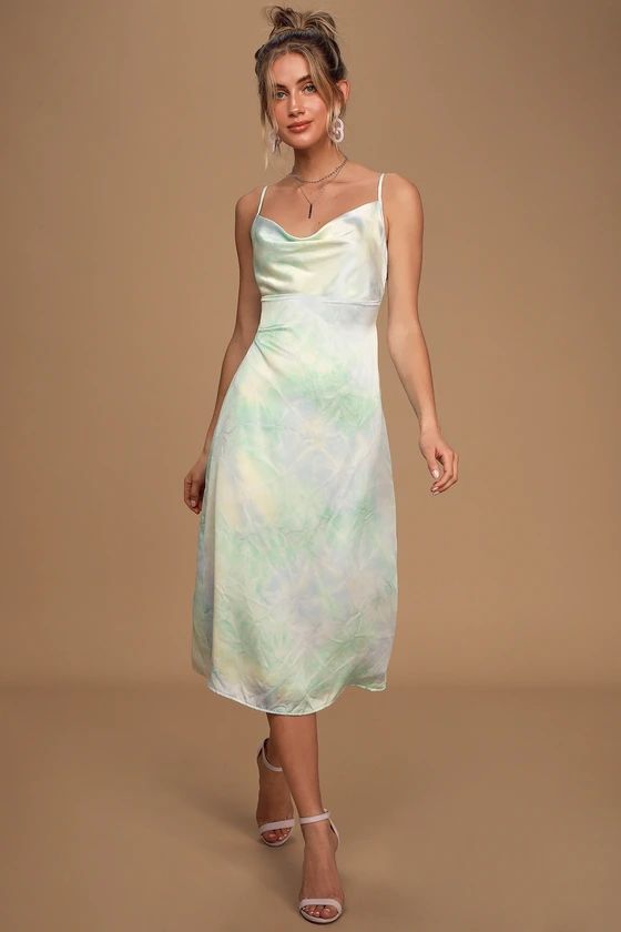Tranquil State Blue Multi Tie-Dye Satin Midi Slip Dress | Lulus (US)