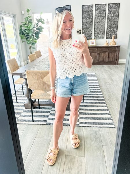 Love this crochet tank (exact one from Abercrombie sold out) with jean shorts and sandals. Size 0 shorts (run big I sized down), small tank and 8 sandals. Denim shorts 

#LTKSeasonal #LTKstyletip #LTKover40