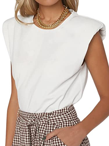 SOFIA'S CHOICE Women's Shoulder Pad Tops Summer Casual Tank Top Round Neck Loose Sleeveless Shirt | Amazon (US)