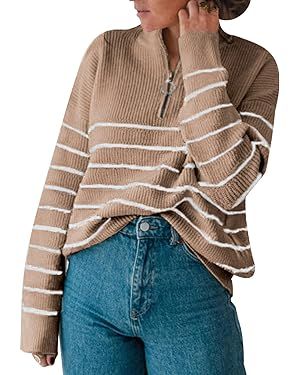 Amkoyam Women's Striped Sweaters 2023 Long Sleeves Knitted Casual Pullovers Loose Shirt Tops with... | Amazon (US)