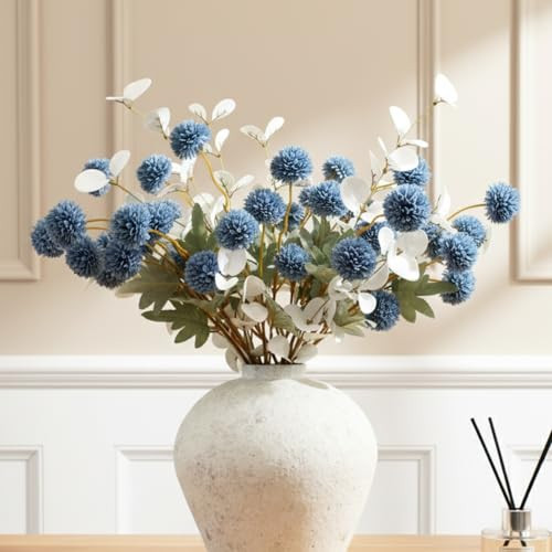 Faux Dusty Blue Flowers, Blue and White Floral Stems For Centerpieces, Fake Mums Artificial Flowers, Flores Azules Artificiales Para Decoracion, Long Stems For Vases, DIY Silk Floral Arrangements | Amazon (US)