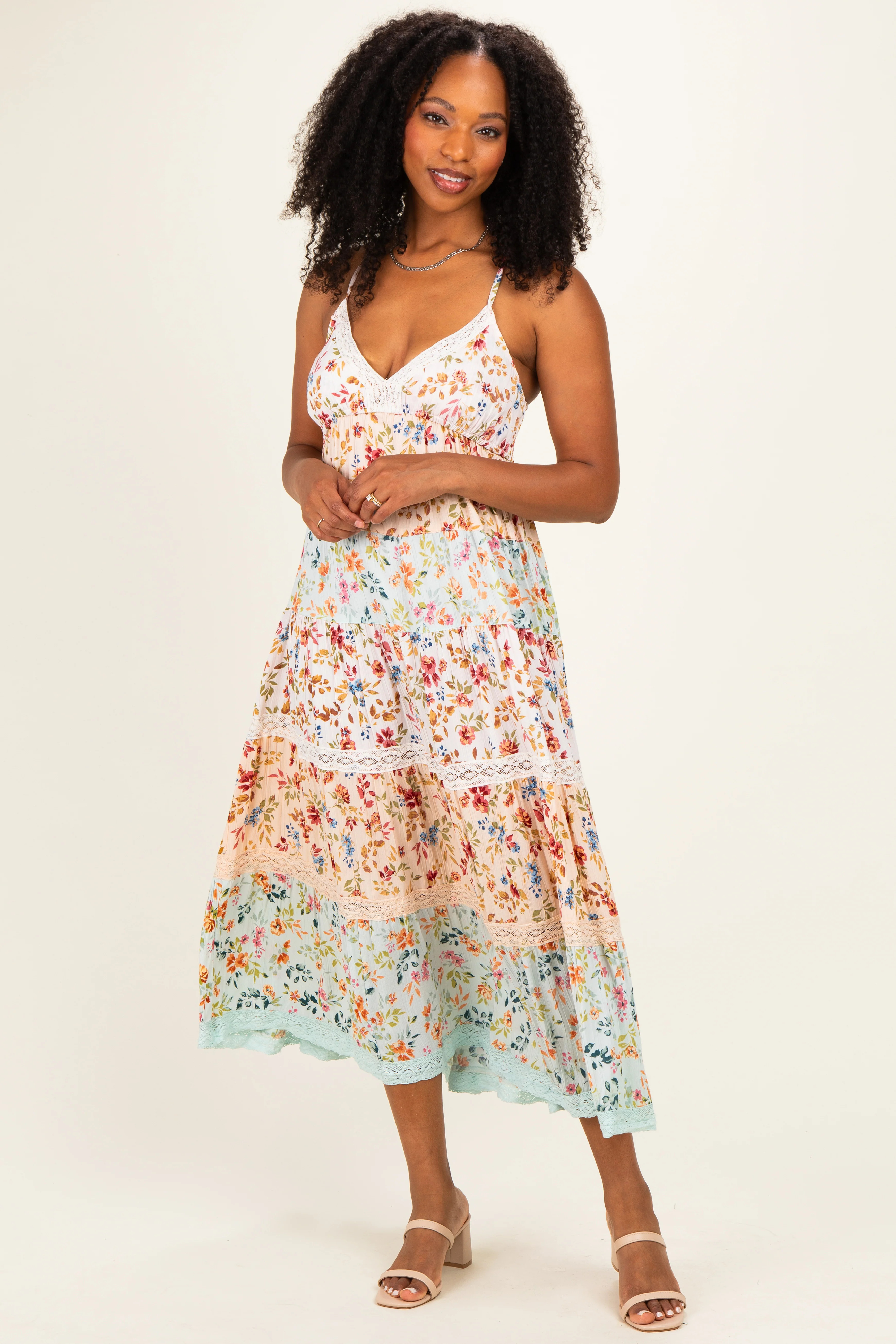 Multicolor Floral Colorblock Tiered Lace Trim Midi Dress - Small | PinkBlush Maternity