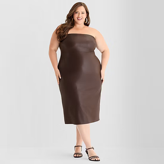 new!Ashley Graham Strapless Midi Womens Plus Midi Faux Leather Sheath Dress | JCPenney