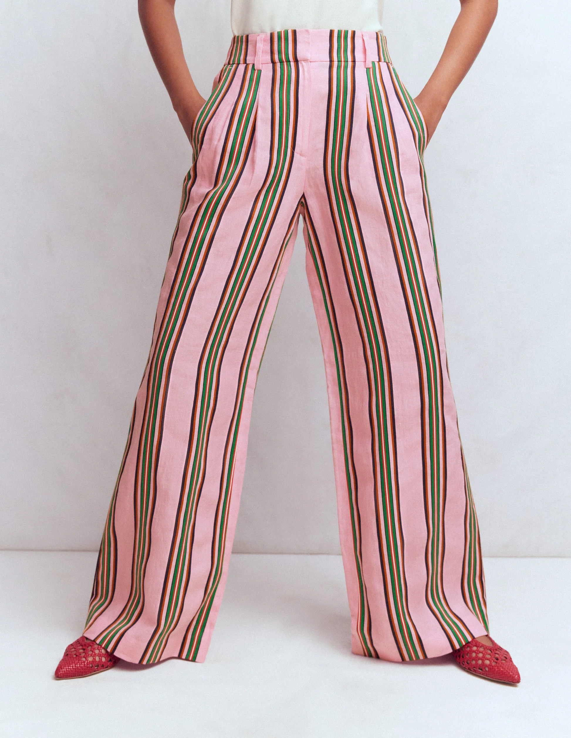 Kensington Linen Trousers-Pink and Green Stripe | Boden UK