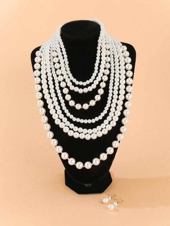 1 pièce Ensemble de collier et boucles d'oreilles multicouches en faux perles pour femmes, colli... | SHEIN