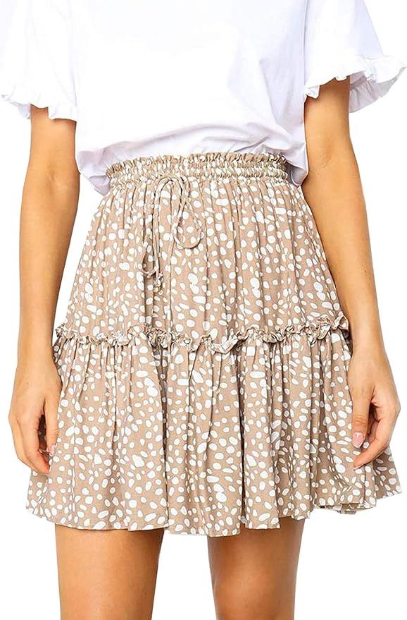 Arjungo Women's Floral High Waist Drawstring Ruffle Flared Boho A-Line Pleated Skater Mini Skirt | Amazon (US)
