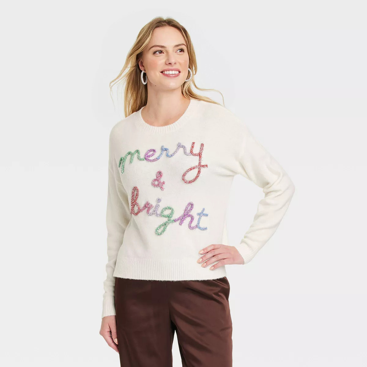 Women's Merry and Bright Sweet Festive Graphic Sweater - White XL | Target
