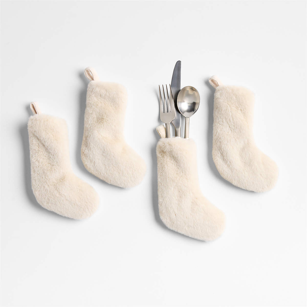 Holiday Faux Fur Ivory Flatware Stocking, Set of 4 + Reviews | Crate & Barrel | Crate & Barrel