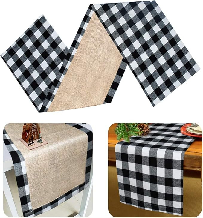 Yodofol Cotton & Burlap Buffalo Checkered Table Runner, Large Christmas Black and White Plaid Des... | Amazon (US)