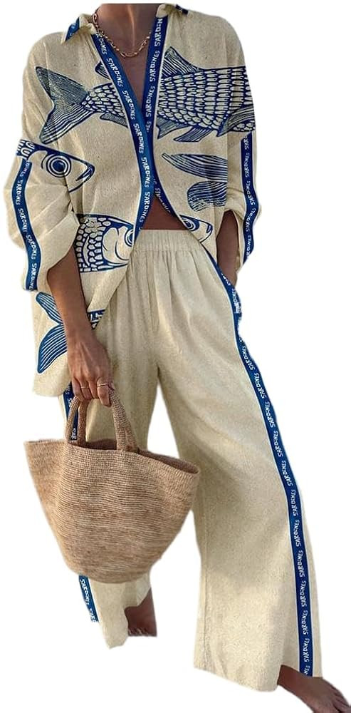 Womens Beach Vacation Clothes 2 Piece Outfits Long Sleeve Button down Shirt and Wide Leg Pants Lo... | Amazon (US)