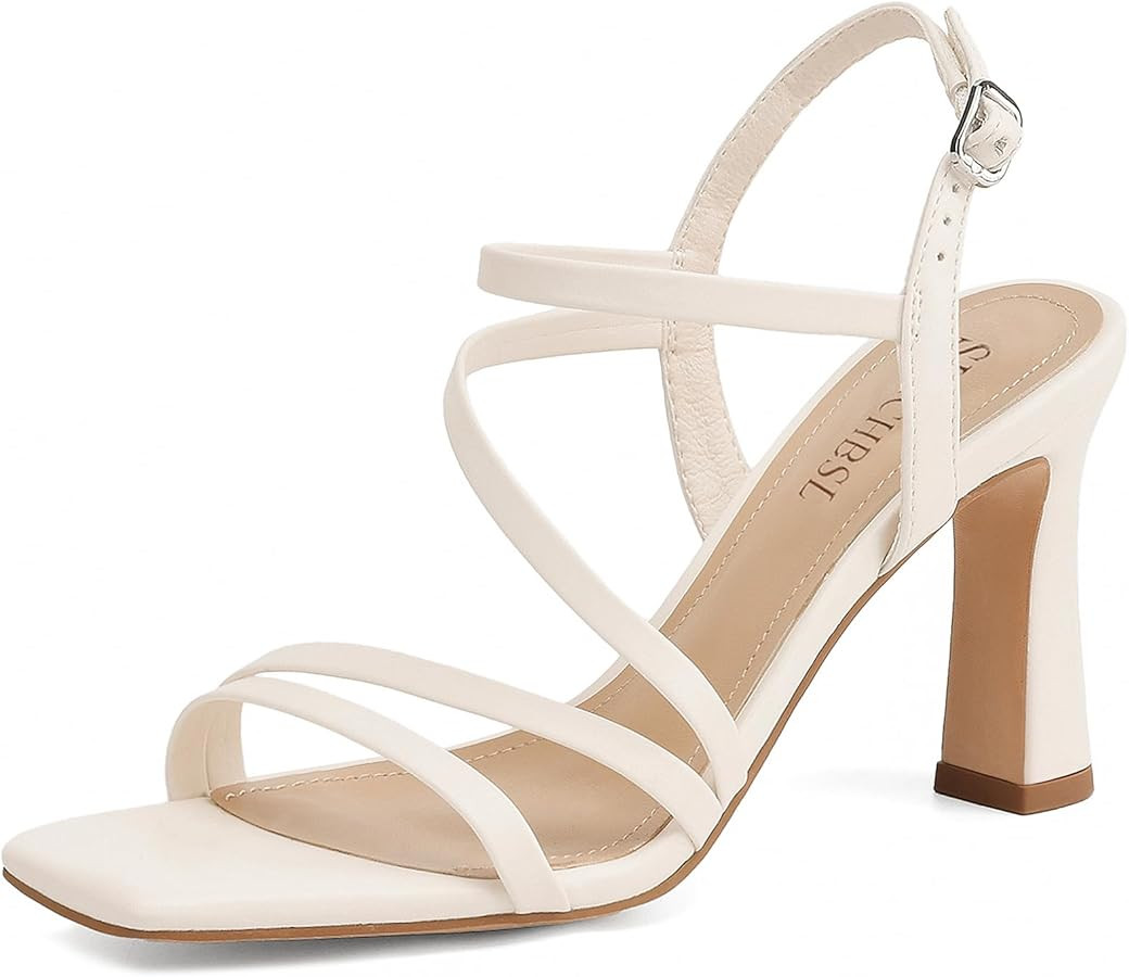 Strappy Heels for Women 3 Inch Chunky Block High Heels Square Open Toe Ankle Strap Dress Sandals ... | Amazon (US)