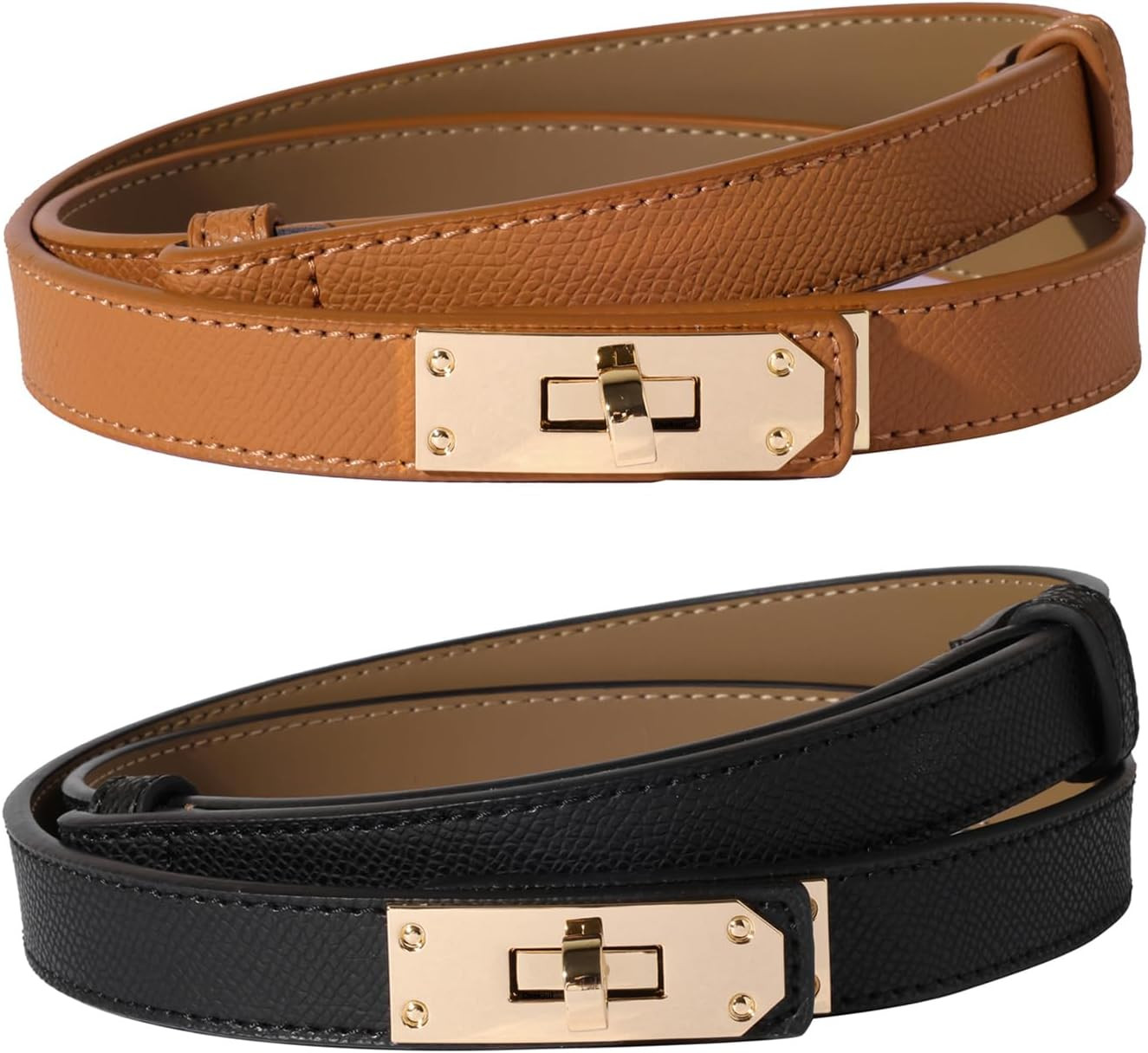 Ovekaut Women Skinny Leather Belt Solid Color Alloy Turn Lock Adjustable Waistband for Dresses Jeans Coats | Amazon (US)