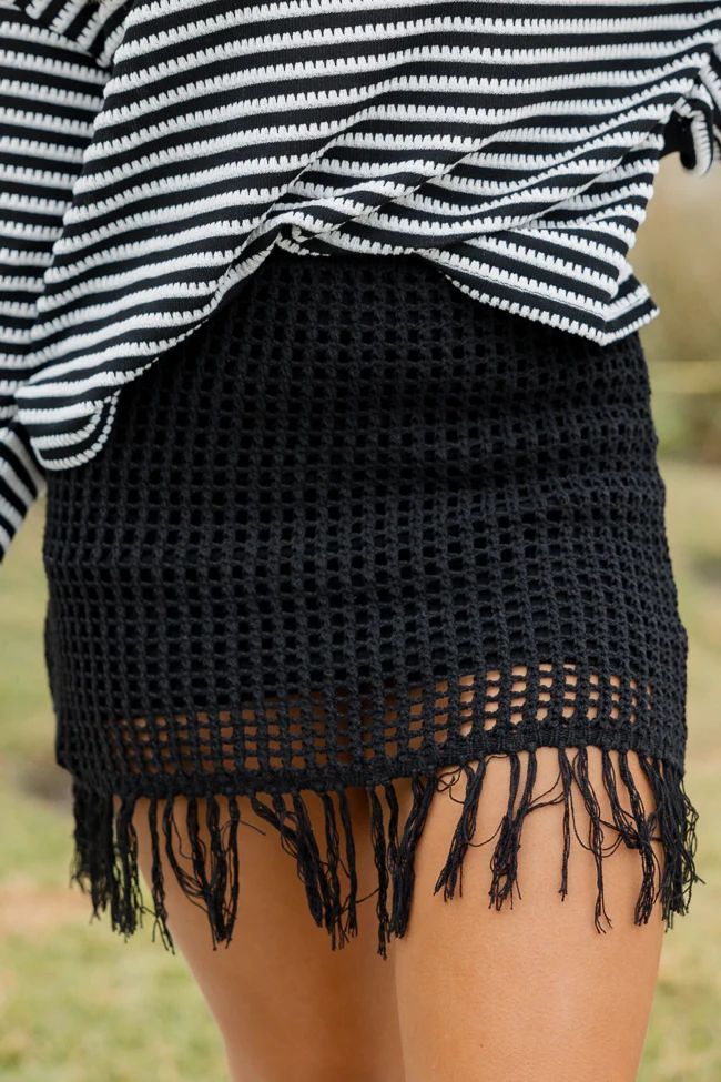 Skipping Town Black Tassel Trim Knit Mini Skirt | Pink Lily