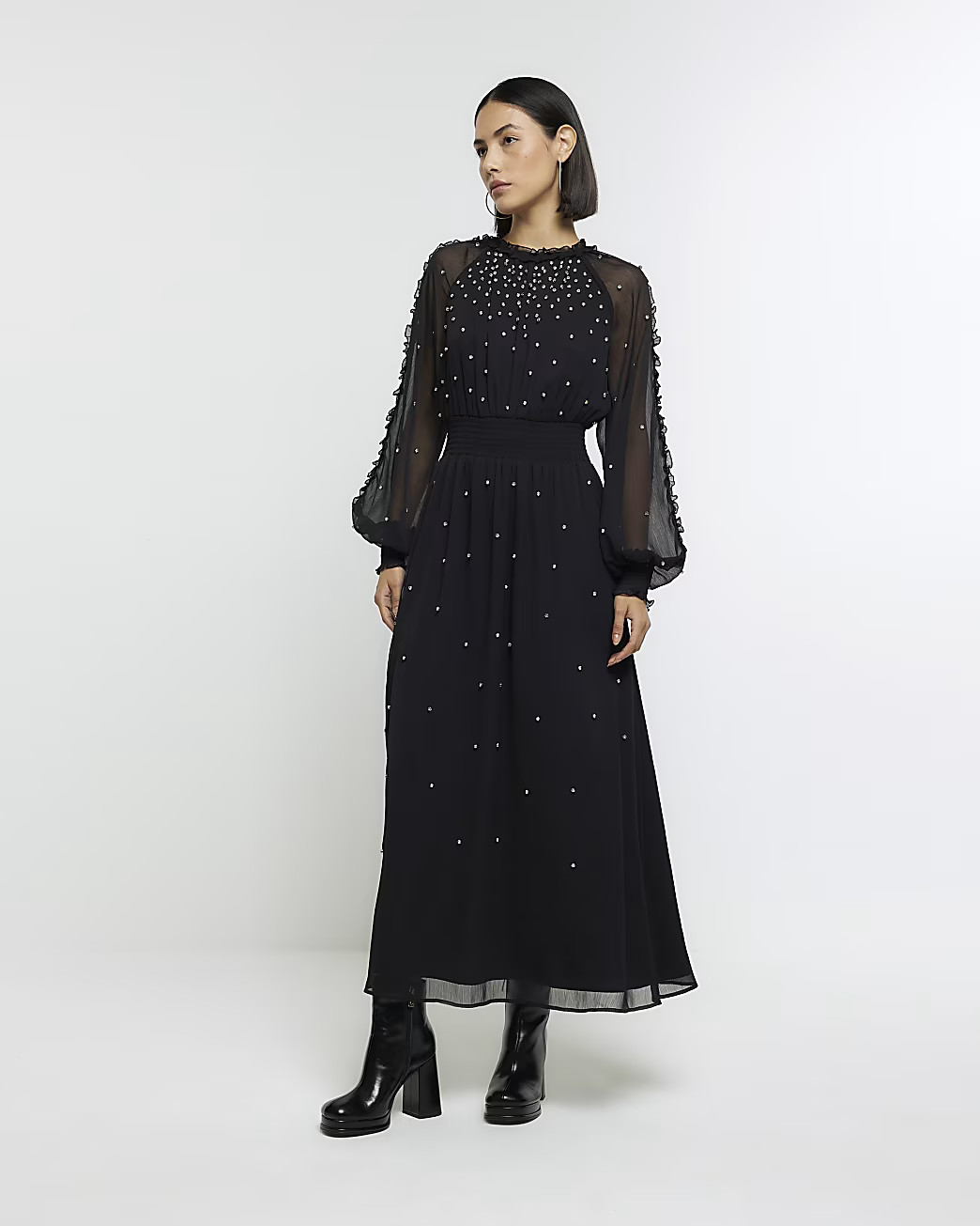 Black diamante shirred swing midi dress | River Island (UK & IE)