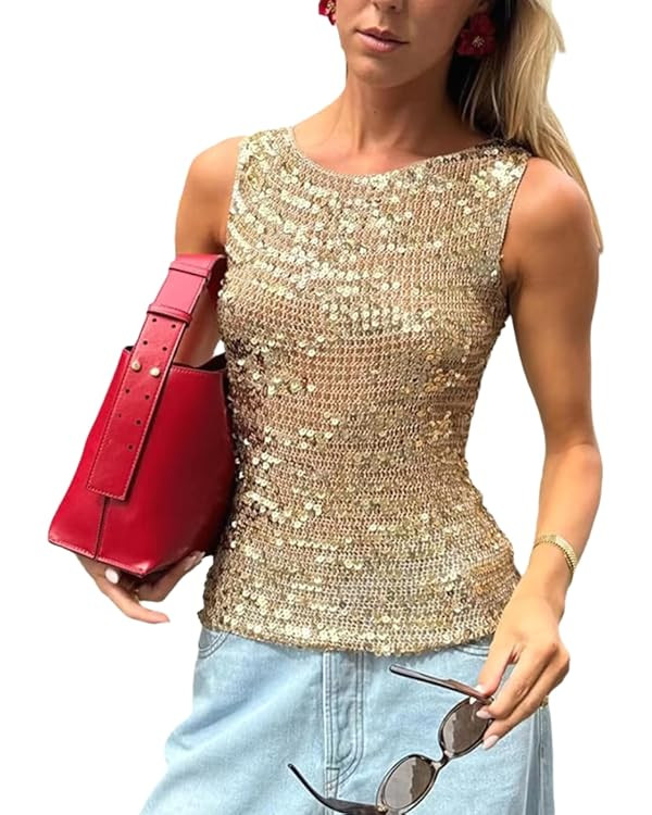Women's Sequin Tank Top Casual Sparkly Shimmer Blouses Sleeveless Crew Neck T Shirt Fashion Outfi... | Amazon (US)
