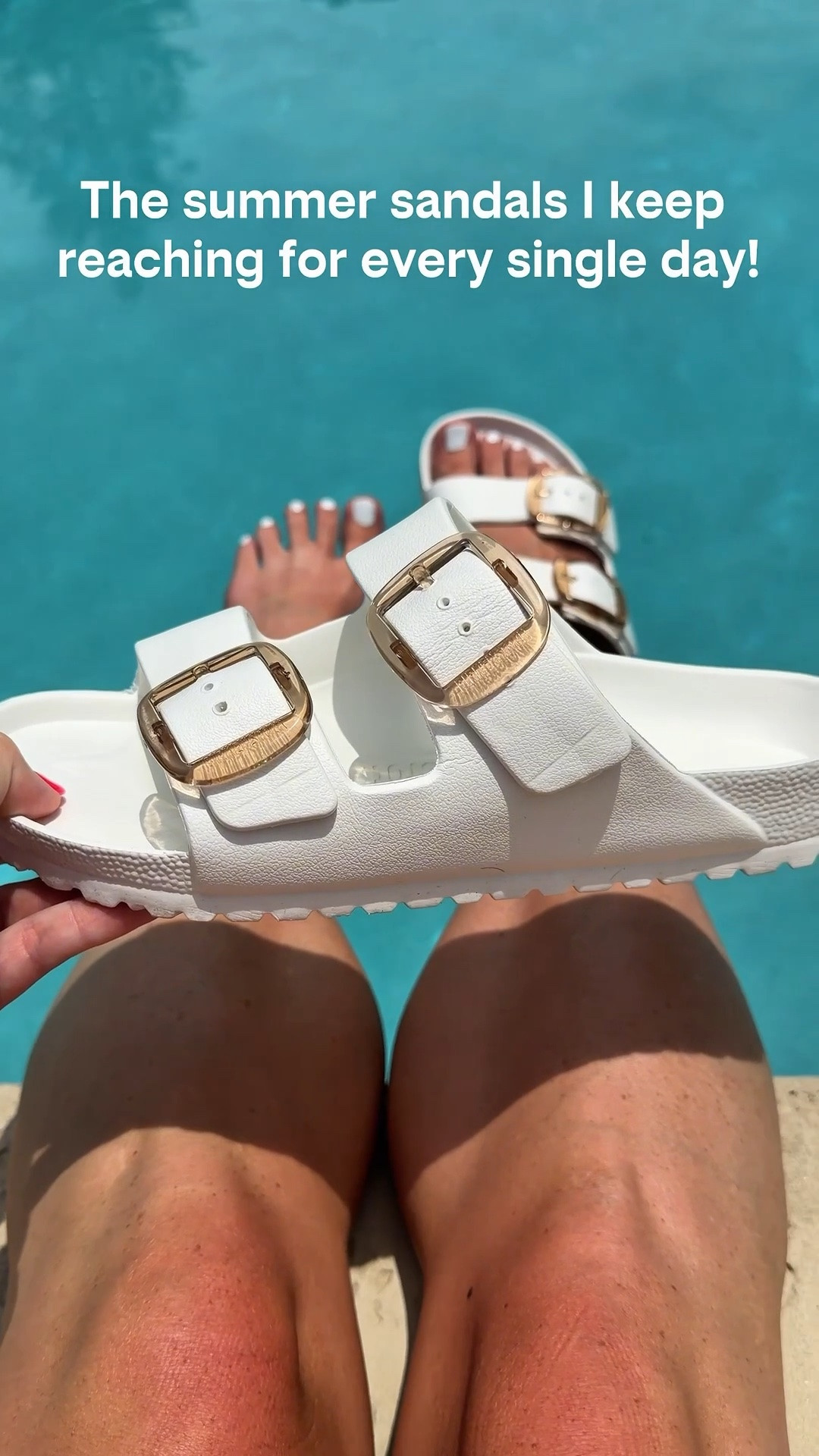 POV: You just found the perfect summer sandals ☀️👡

These pool slides are officially my favorite summer fashion find! Not only are they incredibly comfortable, but they’re also so cute and versatile. The crisp white color matches literally everything—from swimsuits and coverups to casual summer outfits and vacation looks. 🤍

And can we talk about the faux gold buckle detail? It gives them a chic, elevated look that makes them perfect for more than just the pool or beach. You can easily wear them while running errands, on vacation, or for everyday summer outfits too!

The best part? They come in several colors, so you might just need more than one pair. 😍 Safe to say these will be on my feet all summer long!

#LTKootd #LTKSeasonal #LTKSwim