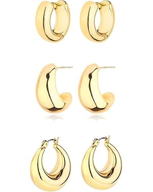 Gold Chunky Hoop Earrings Set for Women, 14K Gold Plated Twisted Huggie Hoop Earring Hypoallergen... | Amazon (US)