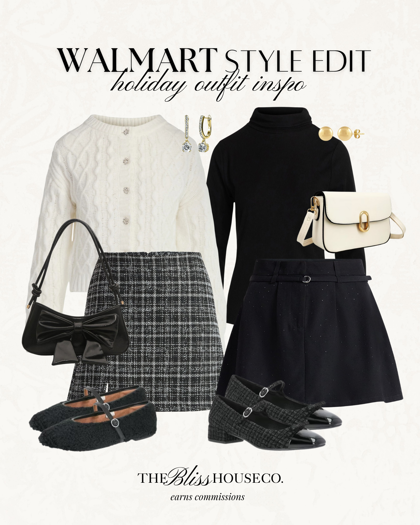 Walmart style edit ✨ winter holiday outfit inspo, sparkle skirt, plaid skirt, sweater, affordable look for less fashion finds, ballet flats, crossbody, black and white neutral styled look. 

 #LTKHoliday #LTKootd #LTKFindsUnder50