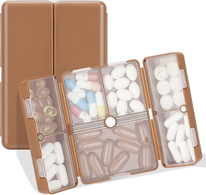 FYY Travel Pill Organizer,7 Compartments Small Pill Box Medicine Case-Brown | Amazon (US)