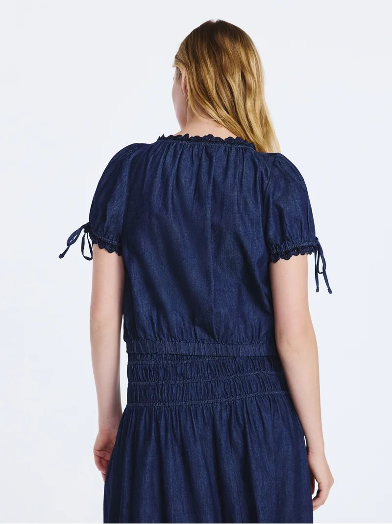 Free Assembly Women's and Women's Plus Embroidered Cropped Cotton Top with Short Sleeves, Sizes-X... | Walmart (US)