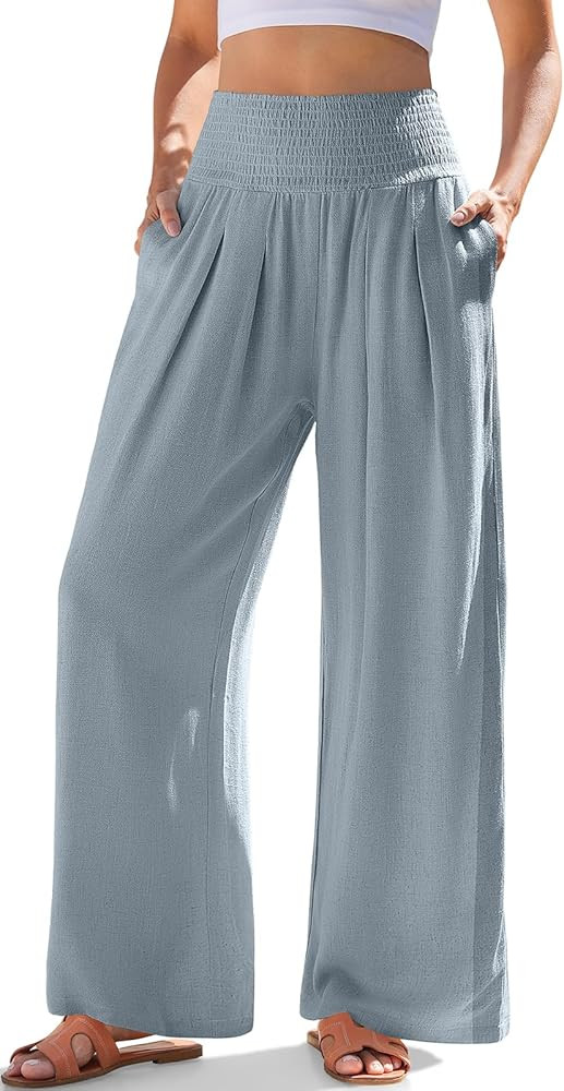 TARSE Womens Linen Palazzo Pants Boho High Waisted Wide Leg Casual Lounge Pant Trousers with Pock... | Amazon (US)