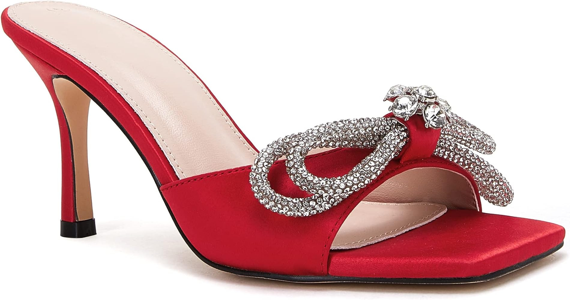 VETASTE Women's Heeled Sandals Square Open Toe Double Bow Satin Mules Heels Wedding Party Slip on... | Amazon (US)