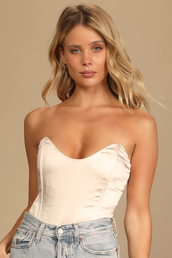 Splendidly Sultry Champagne Satin Strapless Bustier Bodysuit | Lulus
