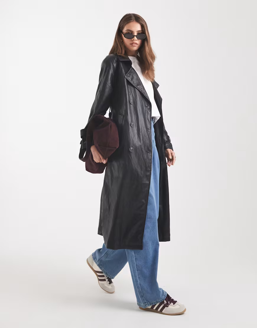 ASOS DESIGN leather look trench coat in black | ASOS (Global)