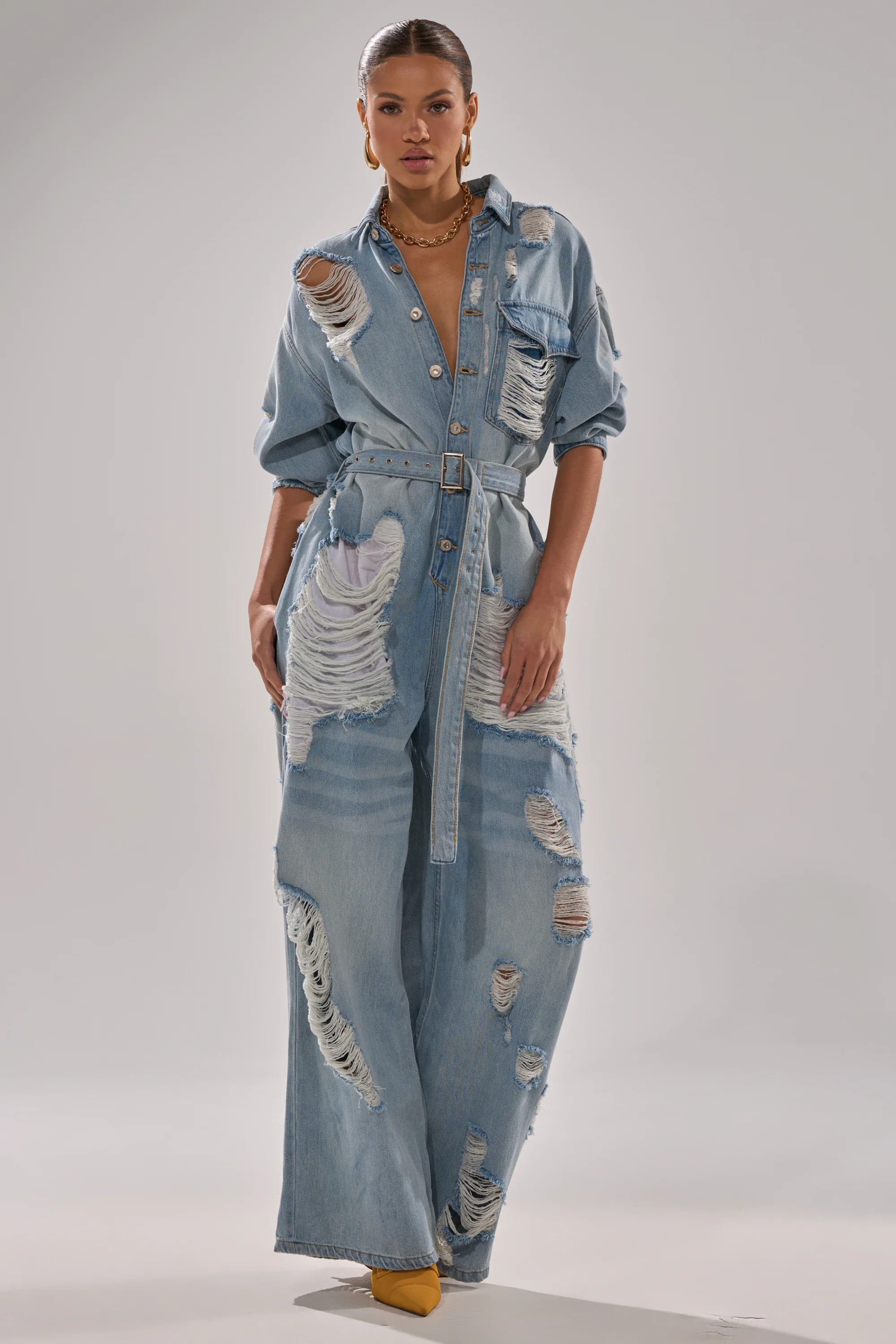 NOT TODAY EXTREME OVERSIZED DISTRESSED DENIM JUMPSUIT | AKIRA
