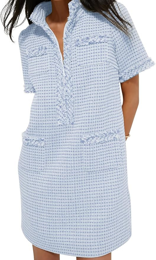 Womens Tweed Mini Dress Elegant V Neck Short Sleeve Business Shift Dresses for Work Casual 2026 F... | Amazon (US)