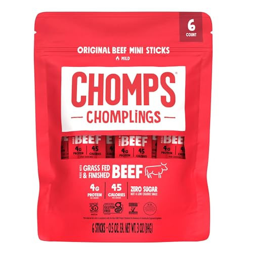 CHOMPS MINI Grass Fed Beef Jerky Meat Snack Sticks 0.5 Oz, Original Beef (Pack of 6) | Amazon (US)