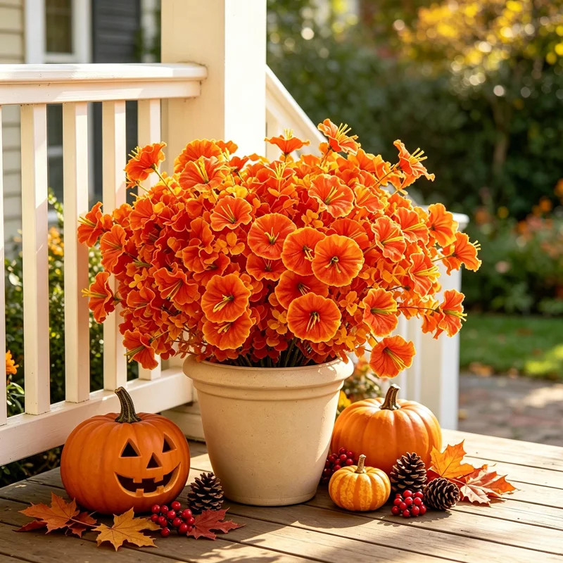 9 Bundles Fall Artificial Morning Glory & Eucalyptus Stems, 7-Branch Realistic Vibrant Orange Lon... | Wayfair North America