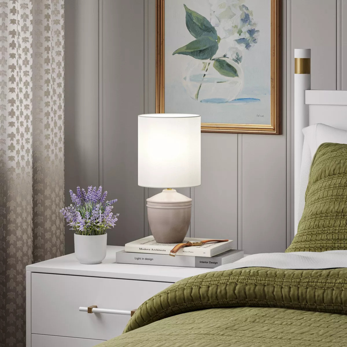 Mini Ceramic Table Lamp Wreath Green - Threshold™: Ribbed Base, Off-White Drum Shade, No Bulb I... | Target