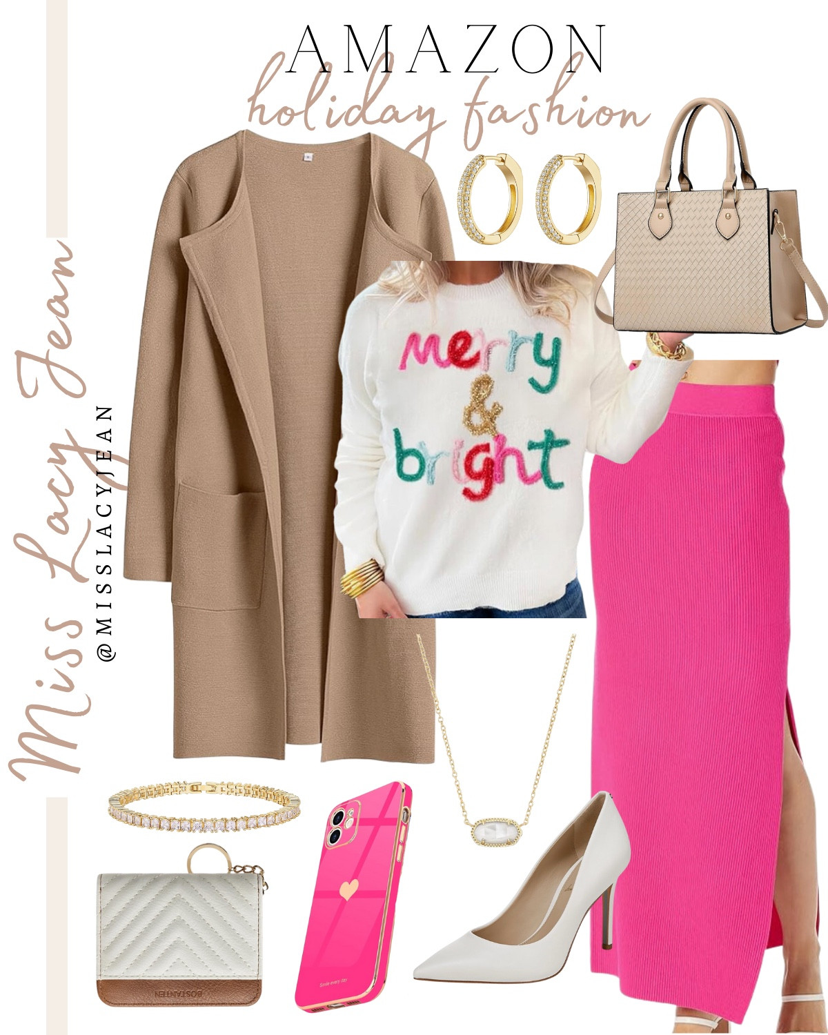 Holiday fashion includes pink skirt, holiday sweater, coatigan, heels, cell phone case, quilted bag, jewelry, and wallet.

Holiday outfit, Amazon finds, Christmas sweater

#LTKHoliday #LTKFindsUnder100 #LTKStyleTip
