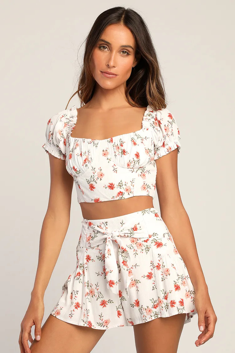 Garden Glories Ivory Floral Print Puff Sleeve Two Piece Romper | Lulus (US)